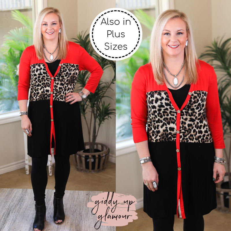 Another Glance Leopard Print Color Block Cardigan in Red - Giddy Up Glamour Boutique