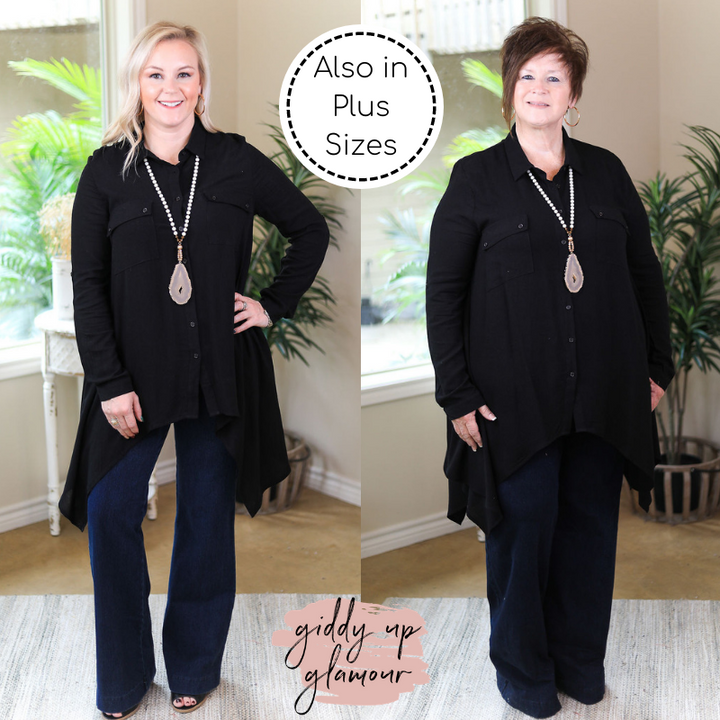 Last Chance Size Small & Medium | Right Impression Linen Button Up Handkerchief Tunic in Black - Giddy Up Glamour Boutique