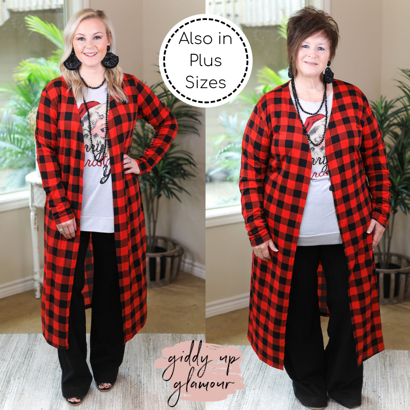 Warm Feelings Buffalo Plaid Long Duster in Red - Giddy Up Glamour Boutique