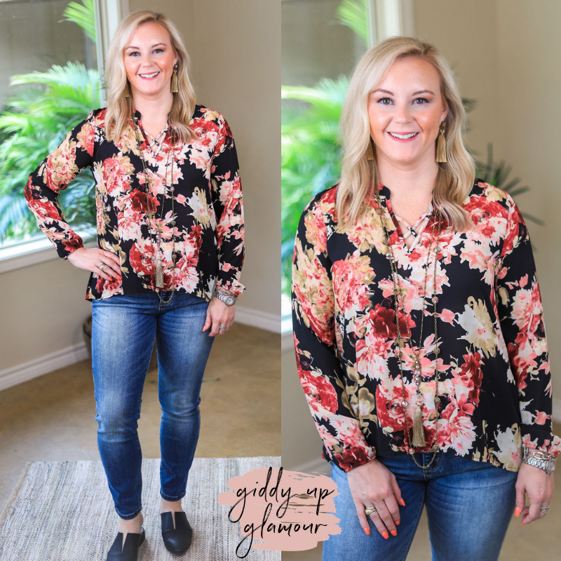All Your Life Long Sleeve Floral Blouse in Black - Giddy Up Glamour Boutique