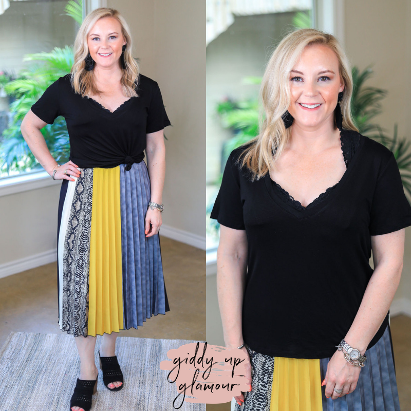 Sugar and Spice Deep V-Neck Short Sleeve Tee in Black - Giddy Up Glamour Boutique