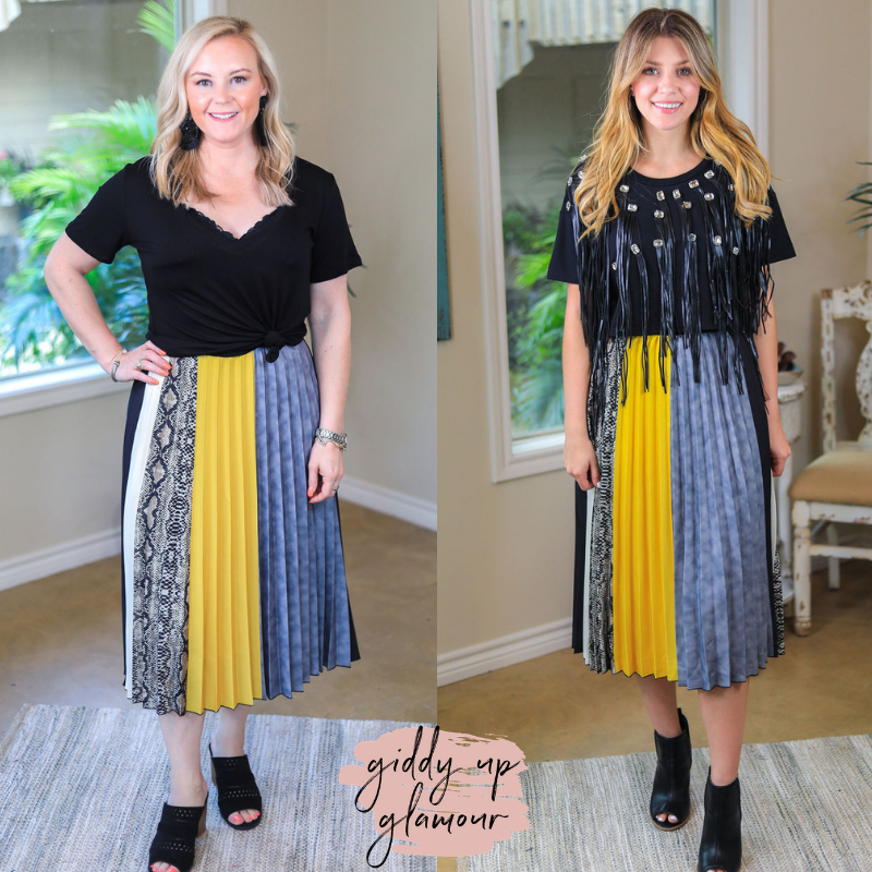 Downtown Feels Snake Skin Color Block Pleated Skirt in Mustard Yellow - Giddy Up Glamour Boutique