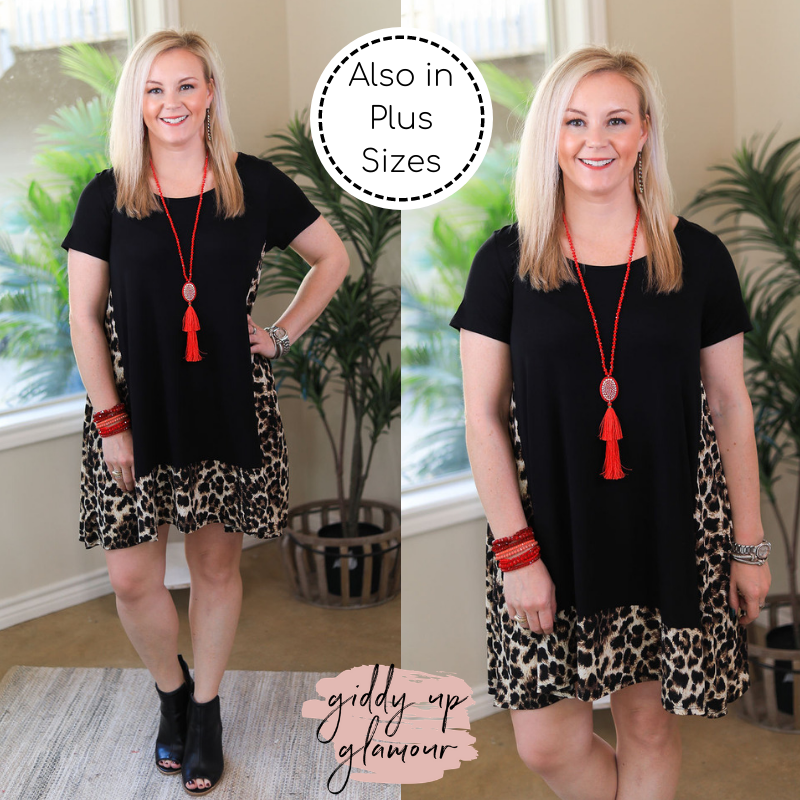 Last Chance Size Small | It's My Way Solid Dress with Leopard Print Trim in Black - Giddy Up Glamour Boutique