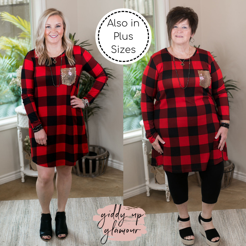 Last Chance Size Small & Medium | Making Spirits Bright Buffalo Plaid Print Dress with Sequin Pocket in Red - Giddy Up Glamour Boutique