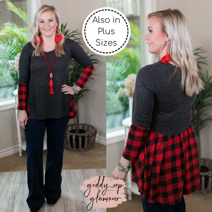 Last Chance Size Small | Perfect Timing Charcoal Top with Red Buffalo Plaid Accent - Giddy Up Glamour Boutique