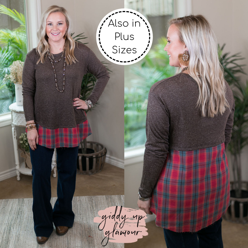 Last Chance Size Small | Start Right Here Knit Tunic with Magenta Plaid Raw Hem Trim in Mocha Brown - Giddy Up Glamour Boutique