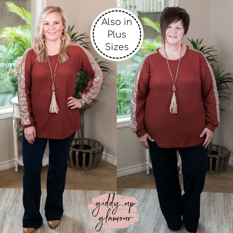 Find Your Happiness Knit Long Sleeve Top with Rose Gold Sequin Accents in Rust Orange - Giddy Up Glamour Boutique