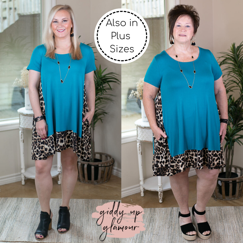 It's My Way Solid Dress with Leopard Print Trim in Turquoise - Giddy Up Glamour Boutique