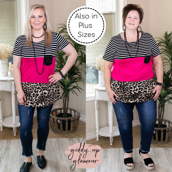 Last Chance Size Small & Med. | Look At Me Now Leopard Print & Stripe Color Block Top with Sequin Pocket in Hot Pink
