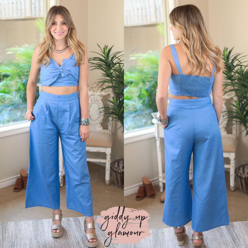 Be Recognized Chambray Denim Cropped Wide Leg Pants - Giddy Up Glamour Boutique