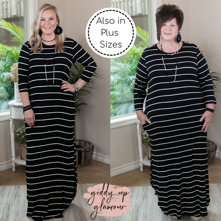Last Chance Size Small & Medium | Set The Tone Stripe Maxi Dress with Pockets in Black - Giddy Up Glamour Boutique