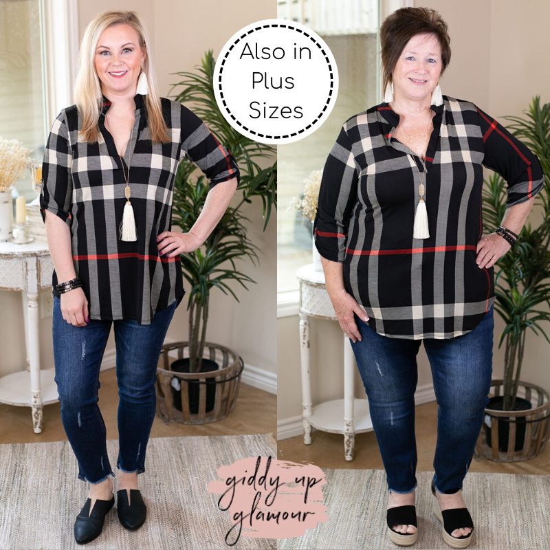 Last Chance Size Small | Scenic Route Plaid Collared Tunic Top in Black - Giddy Up Glamour Boutique