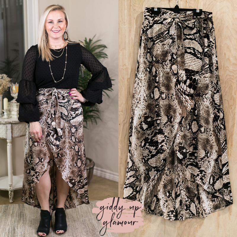 Last Chance Size Small | Let Me Go Out Hi Low Wrap Snakeskin Skirt in Mocha - Giddy Up Glamour Boutique