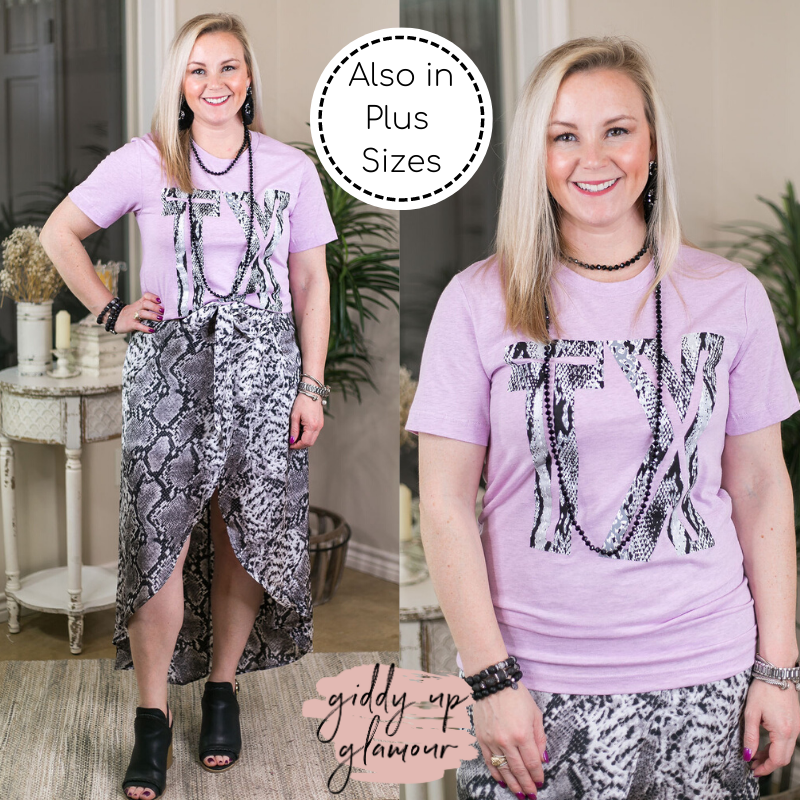 Last Chance Size XL, 2XL, & 3XL | TX Pride Snakeskin Print Short Sleeve Tee Shirt in Heather Lilac - Giddy Up Glamour Boutique