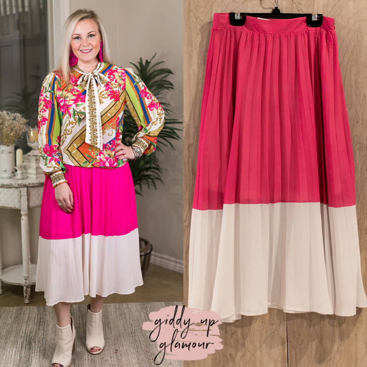 Bright Outlook Color Block High Waist Pleated Midi Skirt in Hot Pink - Giddy Up Glamour Boutique