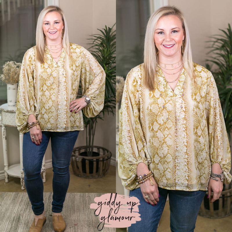 Love is Automatic Snakeskin Puff Sleeve Top in Lime Yellow