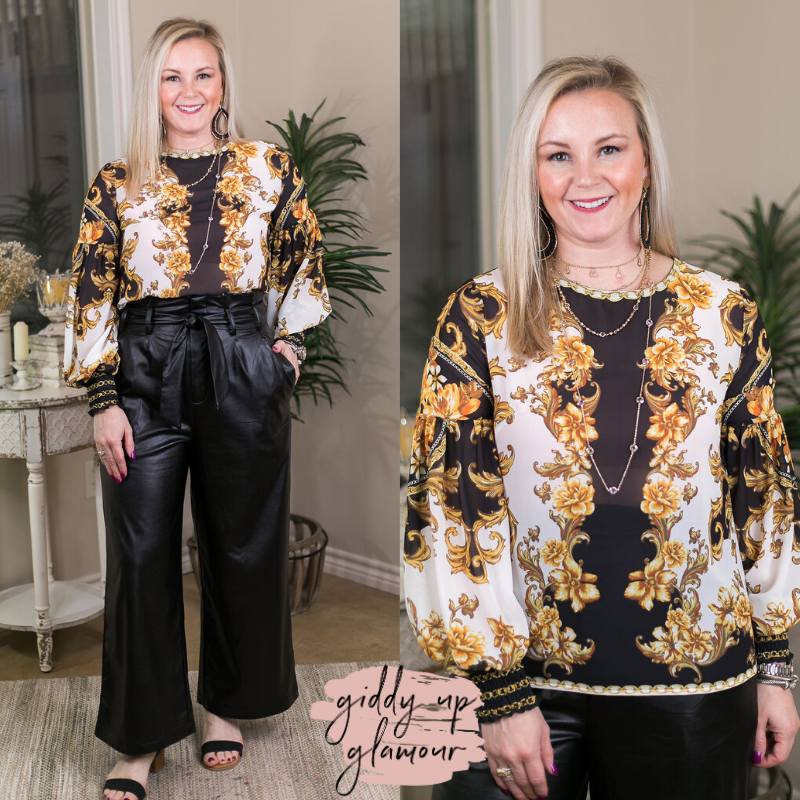 Last Chance Size Small & Med. | Classic and Contemporary Baroque Print Top with Bishop Sleeves in Black - Giddy Up Glamour Boutique
