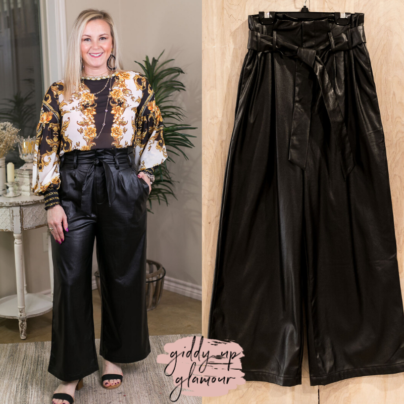 Night of Your Life Wide Leg Pleather Pants in Black - Giddy Up Glamour Boutique