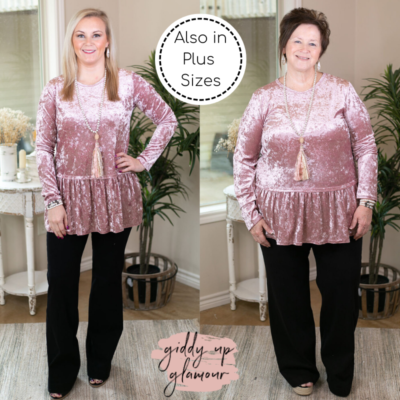 Last Chance Size Small | The One and Only Long Sleeve Velvet Peplum Tunic Top in Blush Pink
