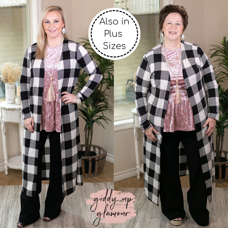 Last Chance Size Small | Can't Let Go Buffalo Plaid Long Duster Cardigan in Black & White - Giddy Up Glamour Boutique
