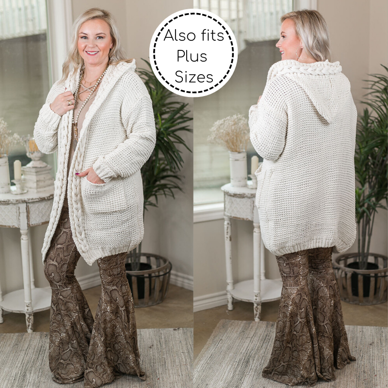 Bare The Cold Long Sleeve Knit Cardigan with Hood & Braided Trim in Ivory - Giddy Up Glamour Boutique