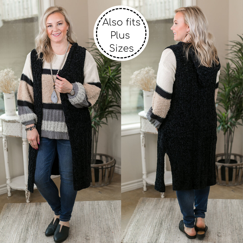 Last Chance Size S/M | Easy Days Long Chenille Knit Vest with Hood in Black - Giddy Up Glamour Boutique