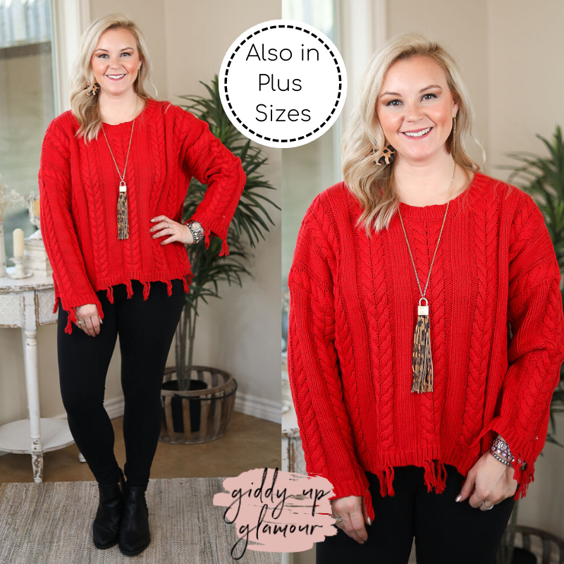 Ready Willing and Cable Knit Pullover Sweater with Frayed Hem in Red - Giddy Up Glamour Boutique