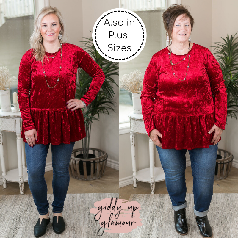 Last Chance SIze S & 3XL | The One and Only Long Sleeve Velvet Peplum Tunic Top in Red