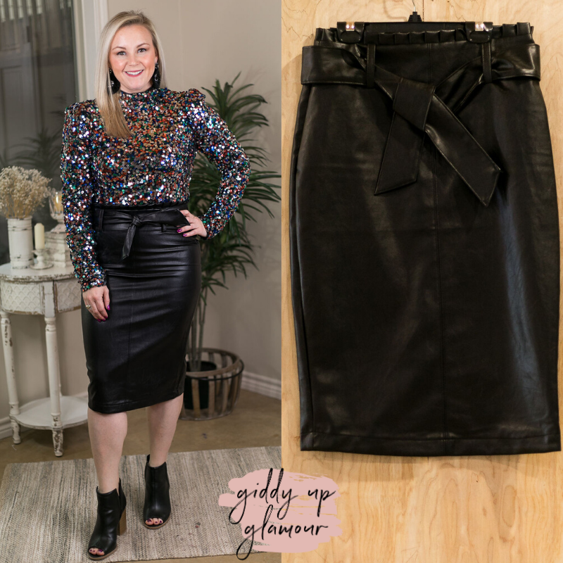 Bold Moves Vegan Leather Pencil Skirt in Black - Giddy Up Glamour Boutique