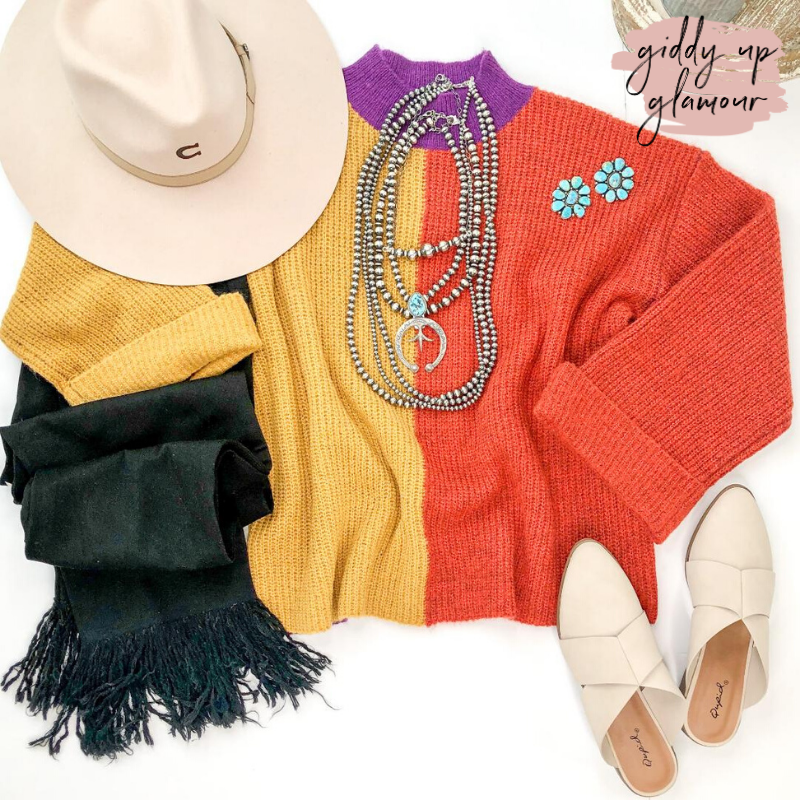 Just Ask High Neck Color Block Sweater in Purple, Mustard Yellow & Rust Orange - Giddy Up Glamour Boutique