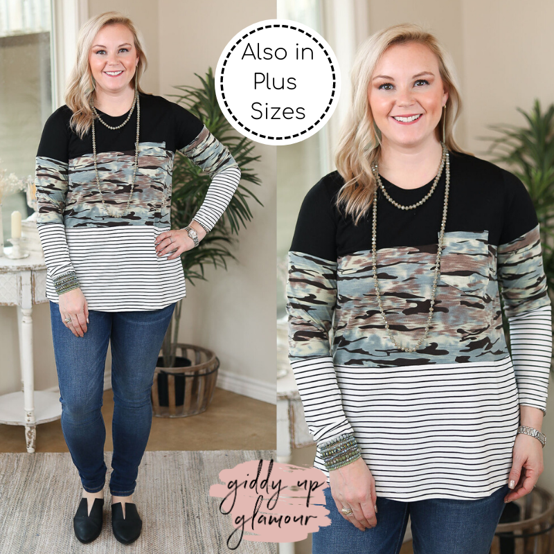 Best Remedy Stripe and Camouflage Long Sleeve Color Block Top - Giddy Up Glamour Boutique