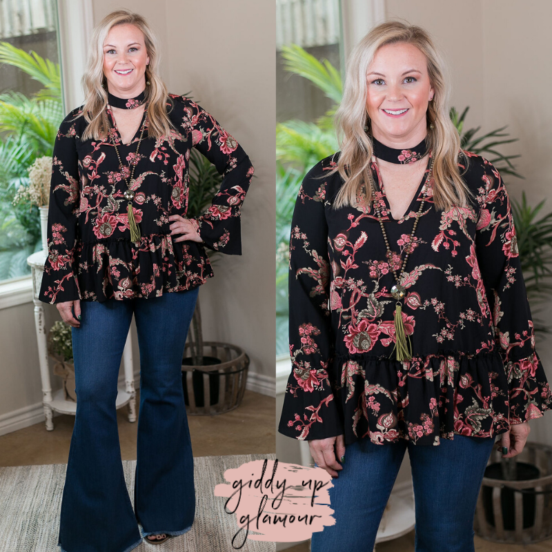 Here She Comes Floral Keyhole Top with Ruffle in Black - Giddy Up Glamour Boutique