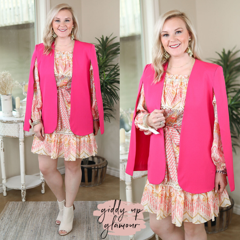 Serious Business Cape Blazer in Fuchsia open sleeves cover hot pink business casual wear