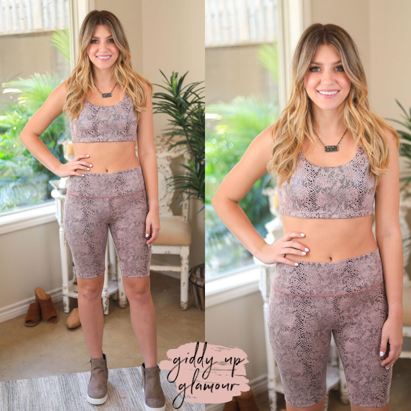 Online Exclusive | Casual Friday Snakeskin Sports Bra in Pink - Giddy Up Glamour Boutique