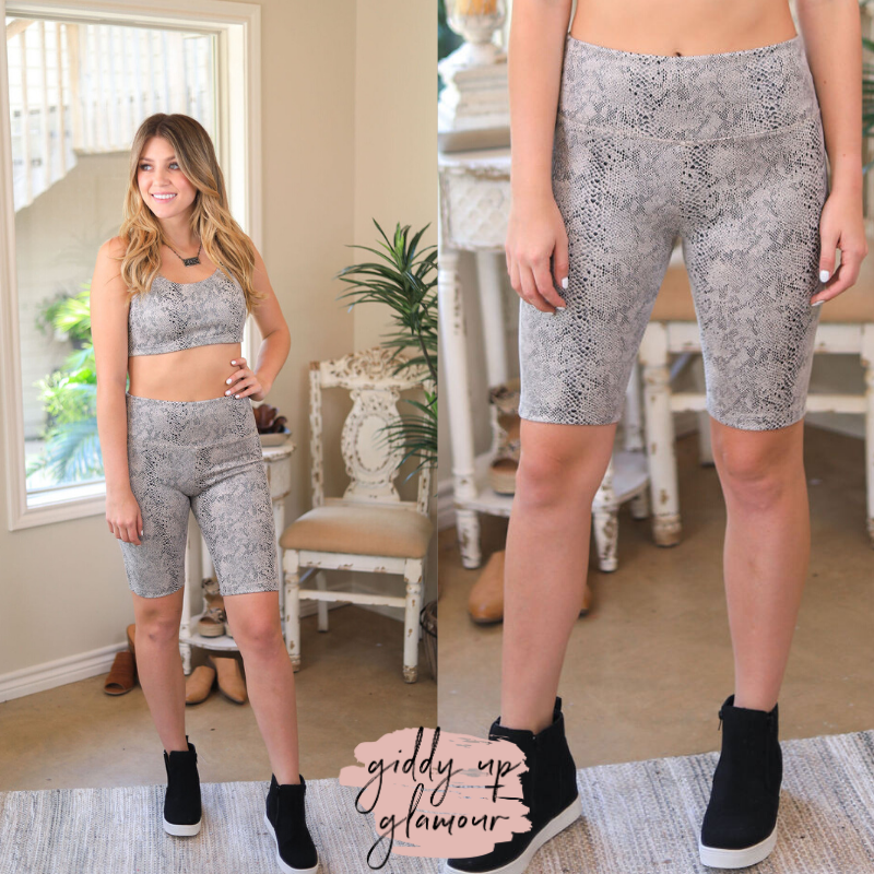 Online Exclusive | Casual Friday Snakeskin Biker Shorts in Grey - Giddy Up Glamour Boutique