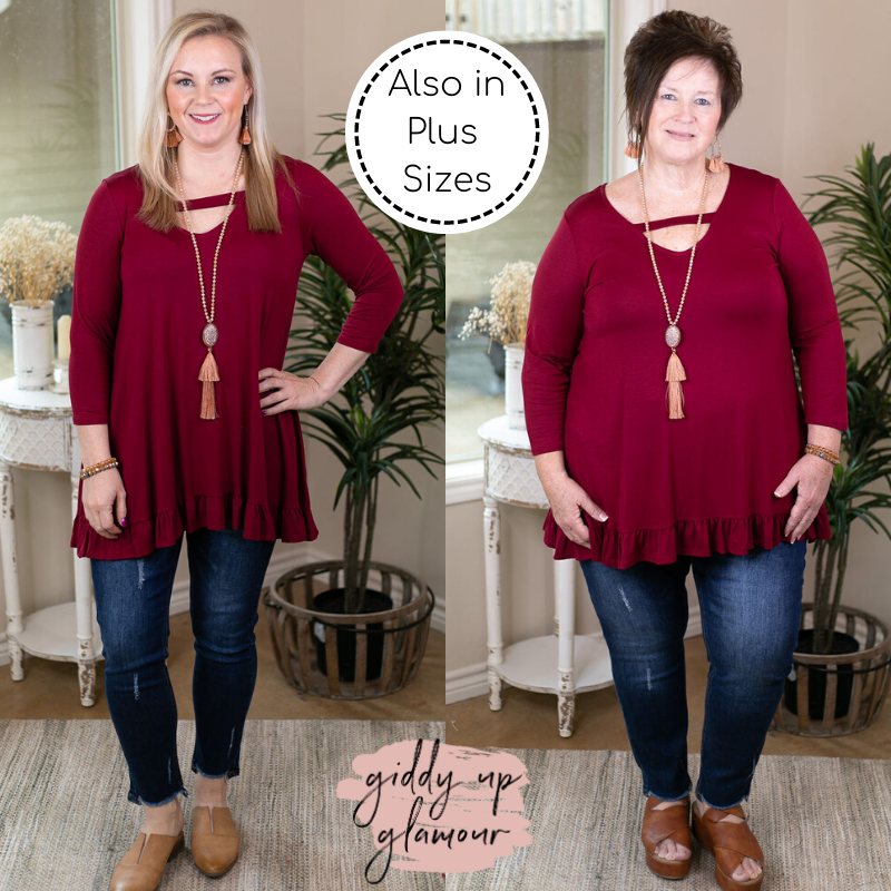 Something Familiar Keyhole Tunic with Ruffle Hem in Burgundy maroon long sleeve peplum
