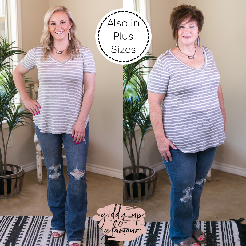 Simply The Best Striped V Neck Short Sleeve Tee Shirt in Heather Grey - Giddy Up Glamour Boutique