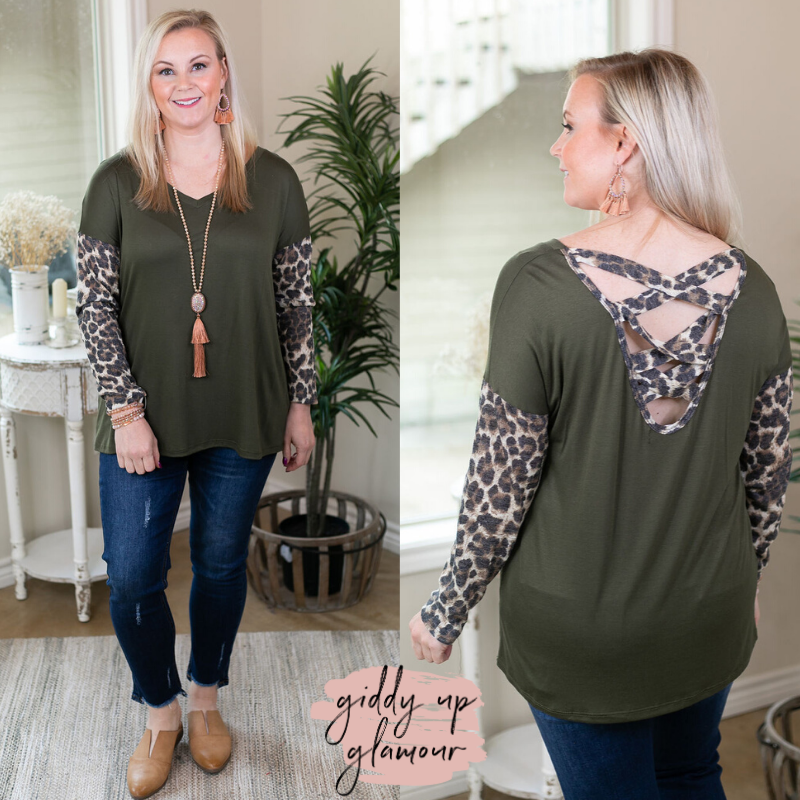 Plot Twist Leopard Long Sleeve Top with Criss Cross Back in Olive Green