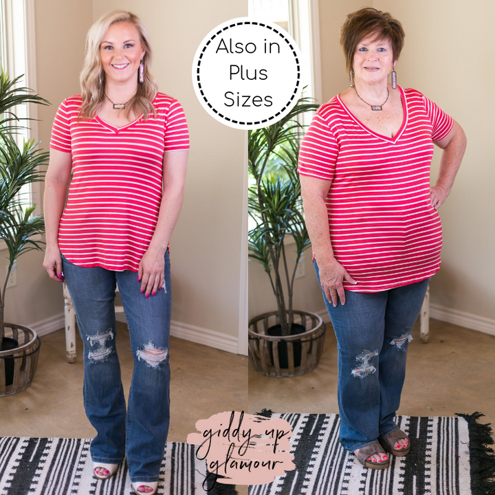 Simply The Best Striped V Neck Short Sleeve Tee Shirt in Coral Pink - Giddy Up Glamour Boutique