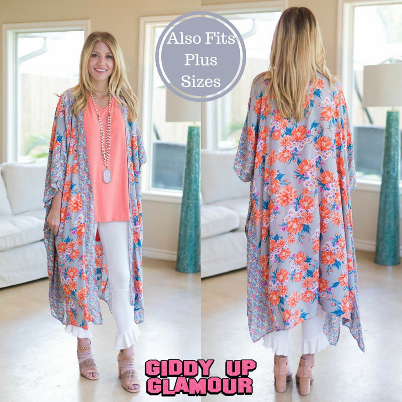 Last Chance Size S/M | See It All Floral Printed Duster in Grey with Orange Accents - Giddy Up Glamour Boutique