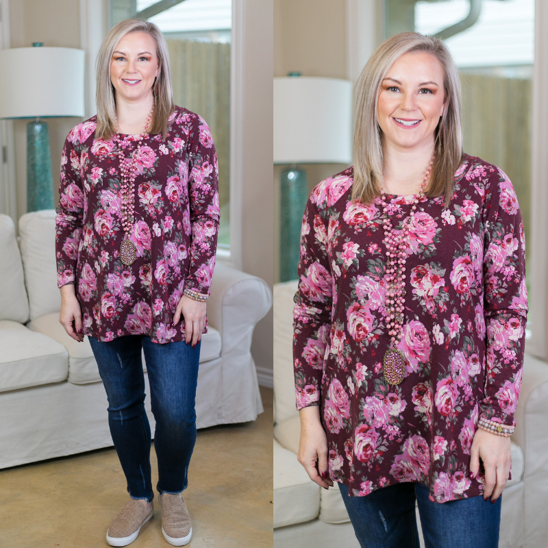 The Right One Floral Tunic with Suede Elbow Patches in Maroon - Giddy Up Glamour Boutique