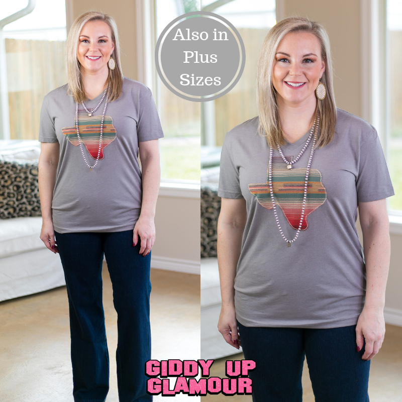 Last Chance Size S & 2XL | Blame It On Texas Serape V Neck Tee Shirt in Grey - Giddy Up Glamour Boutique