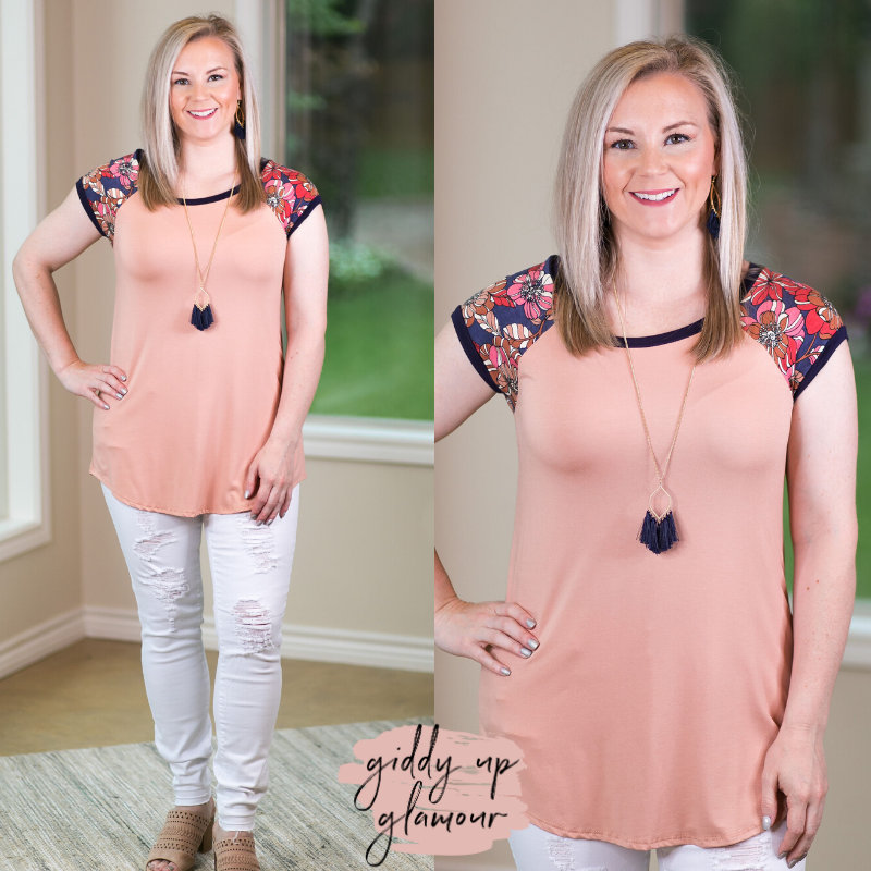 Meadow View Navy Floral Sleeve Top in Peach pink dolman top loose business casual comfy tee navy trim neckline