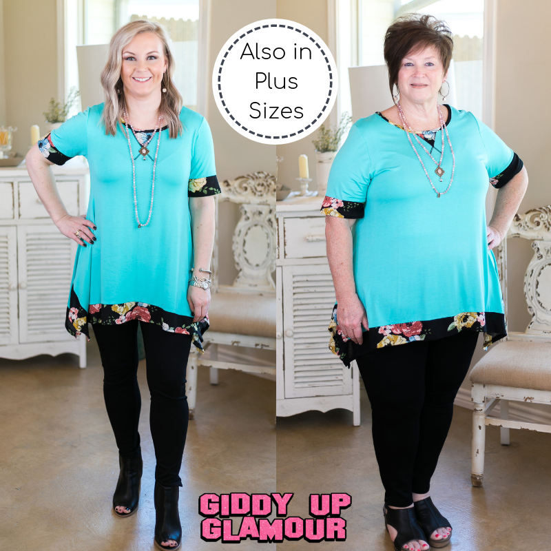 Last Chance Size S & M | Whenever This Happens Tunic with Floral Trim in Turquoise - Giddy Up Glamour Boutique