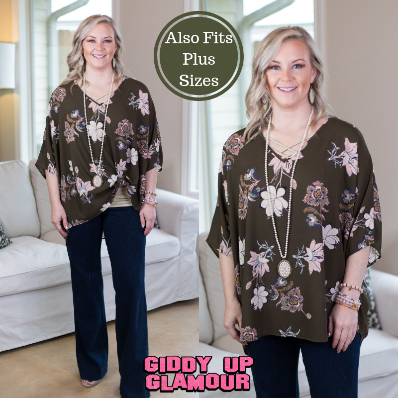 On The Line Floral Print Oversized Poncho Top in Olive Green - Giddy Up Glamour Boutique