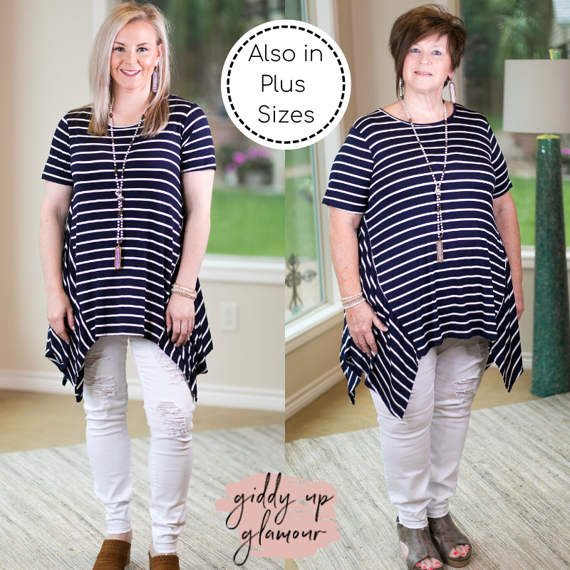 Simplified Style Striped Handkerchief Tunic Top in Navy