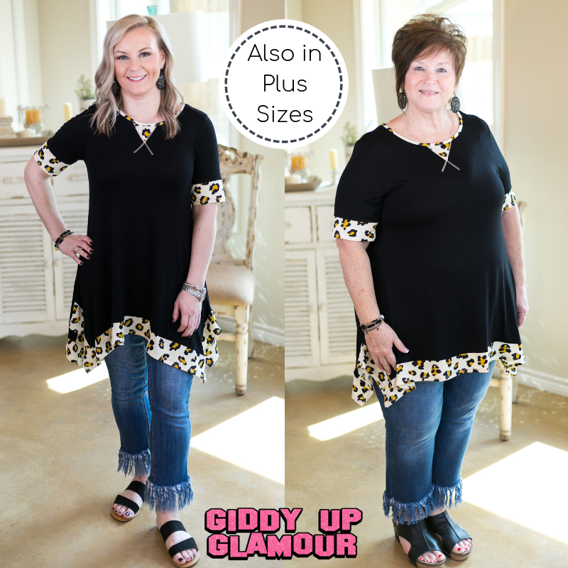 Last Chance Size Small | Whenever This Happens Tunic with Leopard Trim in Black - Giddy Up Glamour Boutique