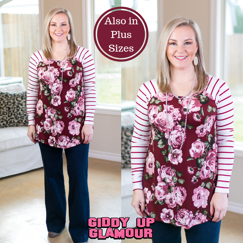 Last Chance Size S & M | Simple Favor Stripe and Floral Tunic Top in Burgundy - Giddy Up Glamour Boutique