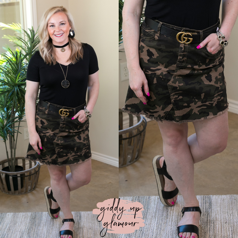 L&B | Test the Limits Unfinished Hem Denim Skirt in Camouflage - Giddy Up Glamour Boutique