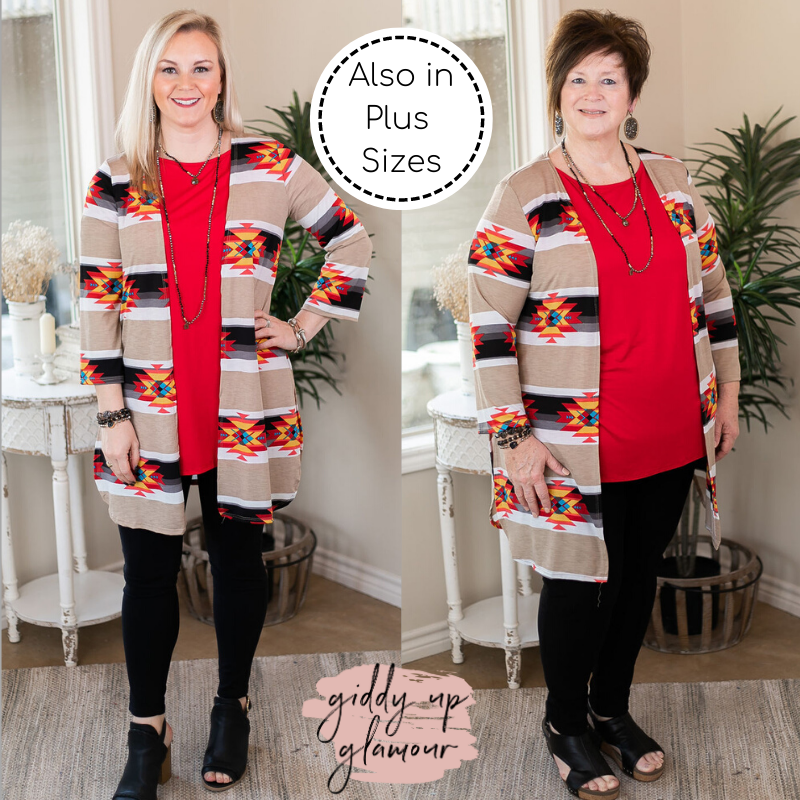 All Eyes On You Aztec Print Cardigan in Tan and Black red tribal print kimono